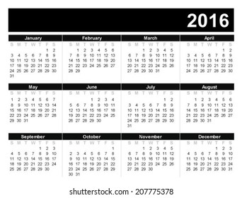 Calendar for 2016 on white background.