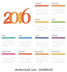 Calendar for 2016 on white background. Vector EPS10.