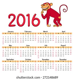 Calendar for 2016 on white background with red monkey - symbol of the year.

