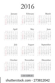 Calendar for 2016 on white background - classic font and weeks numbers. Vector EPS 8.