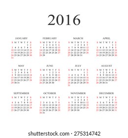 Calendar for 2016 on white background.  Vector circle calendar 2016. Week starts from Sunday and ends  with Saturday. Font times with serif