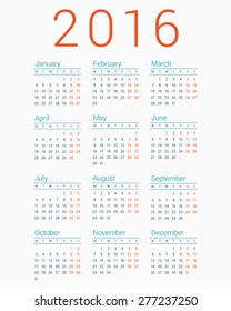 Calendar for 2016 on White Background. Week Starts Monday. Simple Vector Template