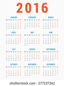 Calendar for 2016 on White Background. Week Starts Monday. Simple Vector Template