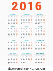 Calendar for 2016 on White Background. Week Starts Monday. Simple Vector Template