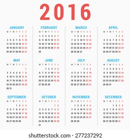 Calendar for 2016 on White Background. Week Starts Monday. Simple Vector Template