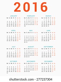 Calendar for 2016 on White Background. Week Starts Monday. Simple Vector Template