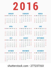 Calendar for 2016 on White Background. Week Starts Sunday. Simple Vector Template