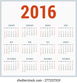 Calendar for 2016 on White Background. Week Starts Sunday. Simple Vector Template
