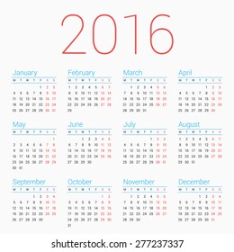 Calendar for 2016 on White Background. Week Starts Monday. Simple Vector Template