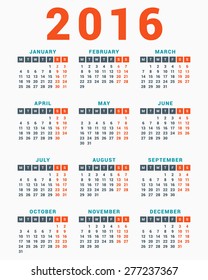 Calendar for 2016 on White Background. Week Starts Monday. Simple Vector Template