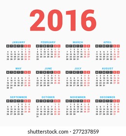 Calendar for 2016 on White Background. Week Starts Monday. Simple Vector Template