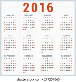 Calendar for 2016 on White Background. Week Starts Sunday. Simple Vector Template