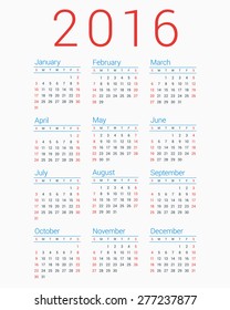 Calendar for 2016 on White Background. Week Starts Sunday. Simple Vector Template