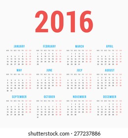 Calendar for 2016 on White Background. Week Starts Monday. Simple Vector Template