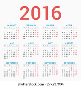 Calendar for 2016 on White Background. Week Starts Monday. Simple Vector Template