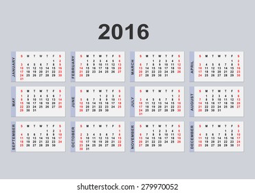 Calendar for 2016 on white background. Week starts from Sunday and ends  with Saturday. 