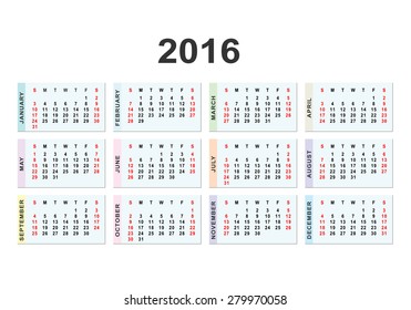 Calendar for 2016 on white background.   Week starts from Sunday and ends  with Saturday.