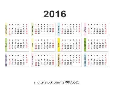 Calendar for 2016 on white background. Week starts from Sunday and ends  with Saturday. 