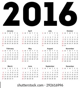 Calendar for 2016 on white background. Vector EPS10.