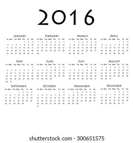 Calendar for 2016 on white background. Vector EPS10.