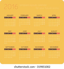 Calendar for 2016 on White Background. Week Starts Monday. Simple Vector Template