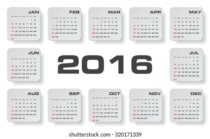 Calendar for 2016 on White Background. Week Starts Sunday. Simple Vector Template