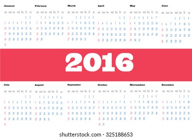 Calendar for 2016 on White Background. Simple Vector Template