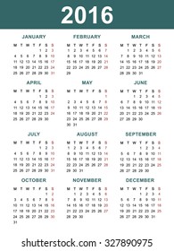 Calendar for 2016 on white background