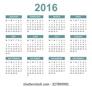 Calendar for 2016 on white background