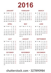 Calendar for 2016 on white background