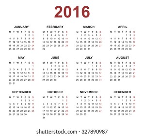 Calendar for 2016 on white background
