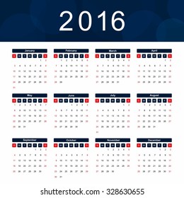 Calendar for 2016 on white background. Vector Illustration.