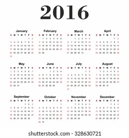 Calendar for 2016 on white background. Vector Illustration.