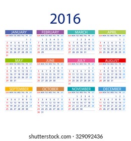 Calendar for 2016 on White Background. Week Starts Monday. Simple Vector Template ART