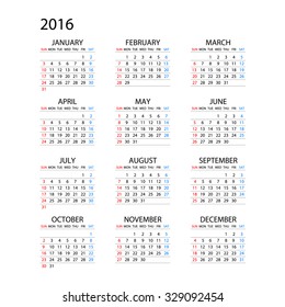 Calendar for 2016 on White Background. Week Starts Monday. Simple Vector Template ART