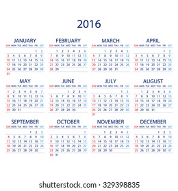 Calendar for 2016 on White Background. Week Starts Monday. Simple Vector Template ART