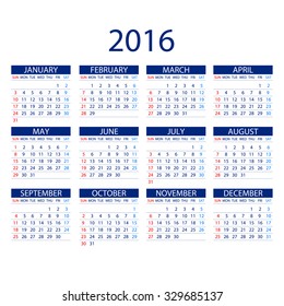 Calendar for 2016 on White Background. Week Starts Monday. Simple Vector Template ART