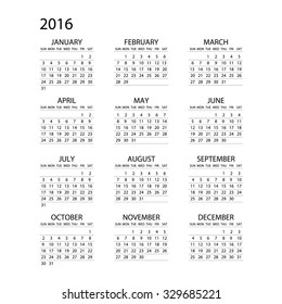 Calendar for 2016 on White Background. Week Starts Monday. Simple Vector Template ART