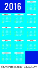 Calendar for 2016 on White Background. Week Starts Sunday