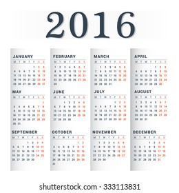 Calendar 2016 on White Background. Week Starts Monday. Simple Vector Template