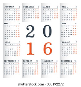 Calendar 2016 on White Background. Week Starts Monday. Simple Vector Template