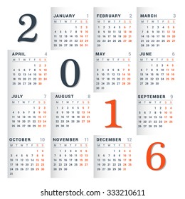 Calendar 2016 on White Background. Week Starts Monday. Simple Vector Template