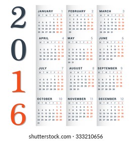 Calendar 2016 on White Background. Week Starts Monday. Simple Vector Template