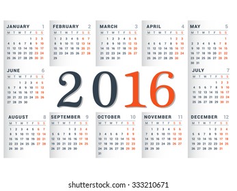 Calendar 2016 on White Background. Week Starts Monday. Simple Vector Template