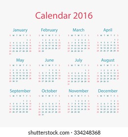 Calendar for 2016 on White Background. Simple Vector Template