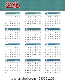 Calendar 2016 on white background. Week Starts Monday. Set of 12 Months. Simple vector illustration.