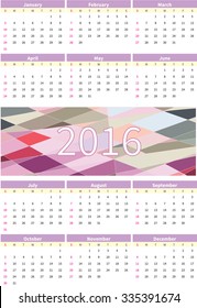 Calendar for 2016 on white background.