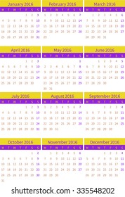 Calendar for 2016 on white background. Week starts on Monday.