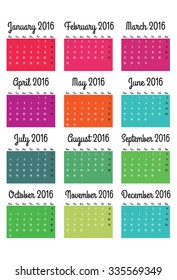 Calendar for 2016 on white background. Week starts on Monday. Colored weeks.