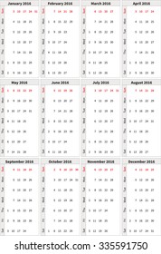 Calendar for 2016 on white background. Vertical weeks.